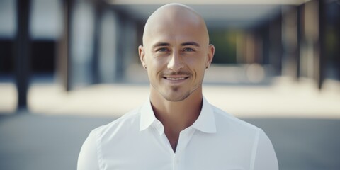 A bald man in a white shirt smiling at the camera. Suitable for professional, business, or casual settings