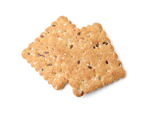 Cereal crackers with flax and sesame seeds isolated on white, above view