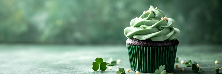 St. Patrick's Day cupcake with green four and clover on green background, party invitation design. Banner.