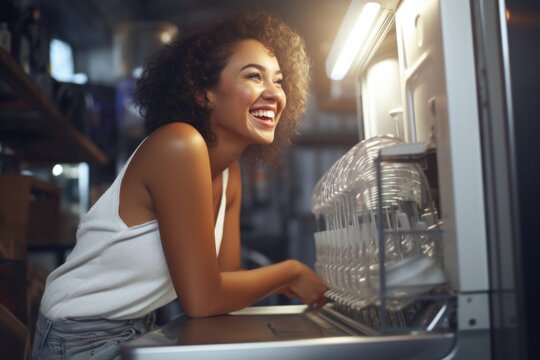 A woman with a smile on her face as she looks into an open refrigerator. This image can be used to depict happiness, food choices, and healthy eating habits
