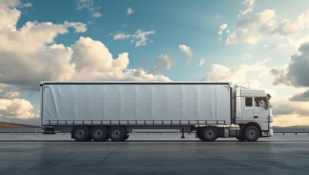 A massive trailer truck, its tires rolling along the open road, dwarfed by the vast expanse of sky and clouds above, a symbol of endless transport and commercial potential