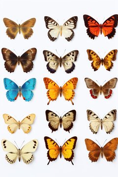 A collection of butterflies resting on a white surface. This image can be used to depict nature, biodiversity, beauty, or as a decorative element in various designs