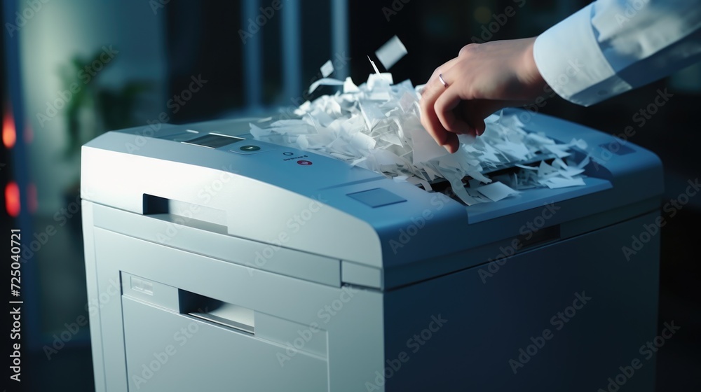 Poster a person is operating a paper shredder. this image can be used to illustrate data security, document
