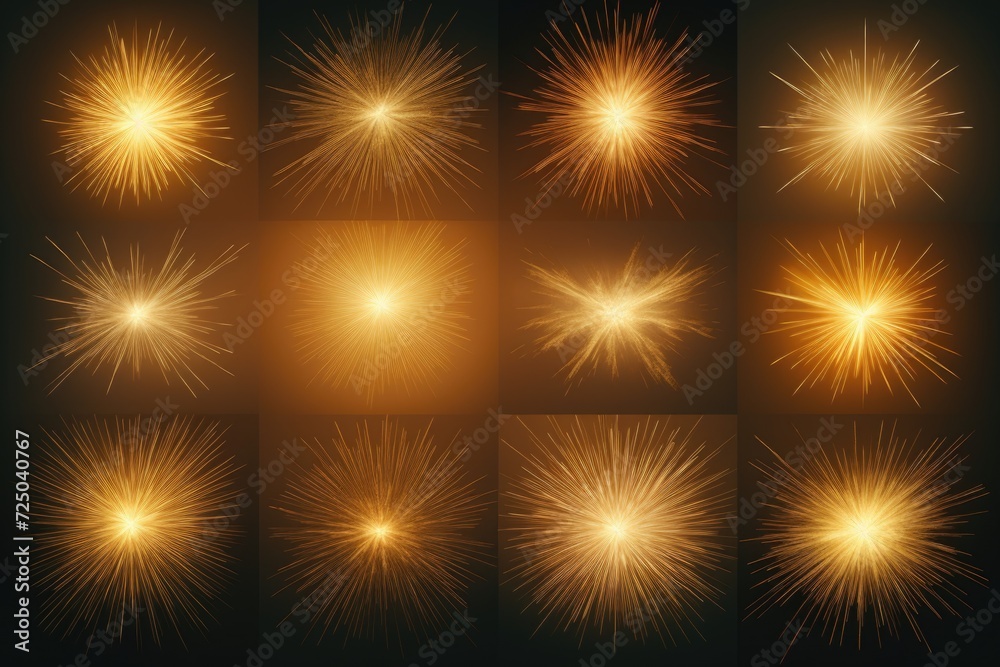 Poster a vibrant collection of nine unique types of fireworks. perfect for adding excitement and celebratio