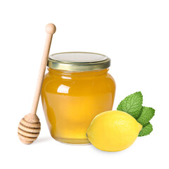Honey in glass jar, dipper and lemon isolated on white