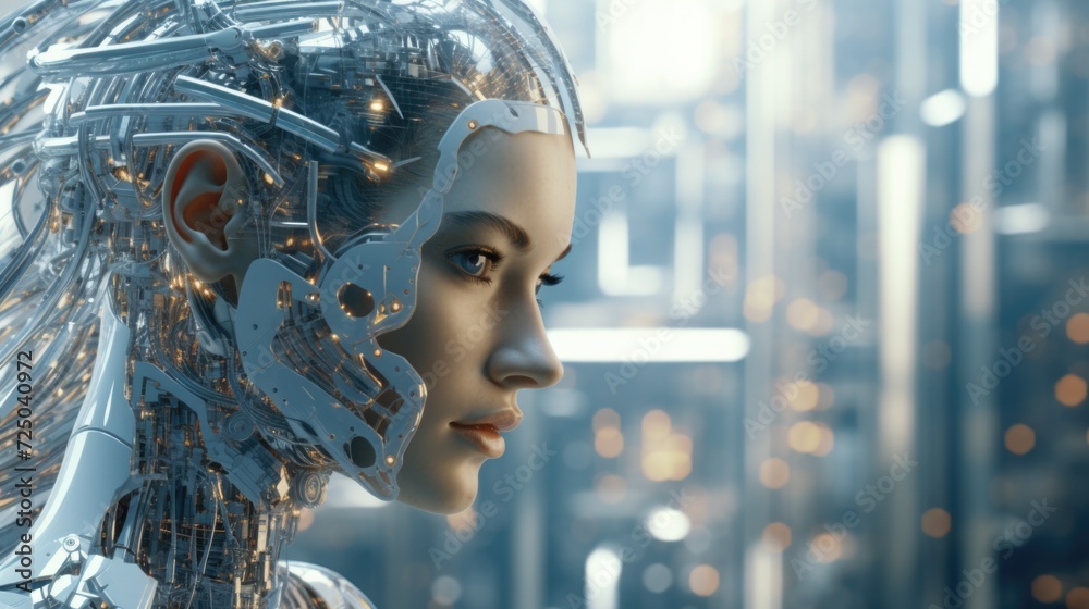 Poster Close-up view of a person with a robot head. This image can be used to depict themes of technology, artificial intelligence, or futuristic concepts