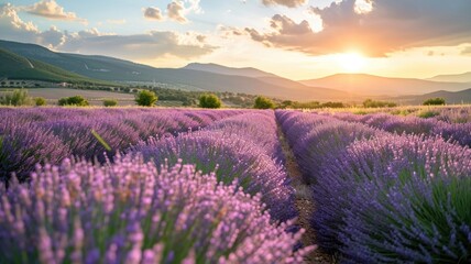 Panoramic view of blooming lavender fields and rolling hills.