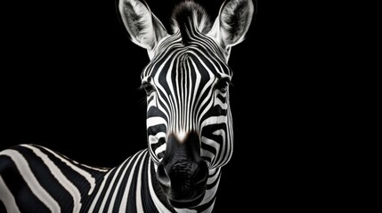 Fototapeta na wymiar Close-up view of a zebra's face with its distinctive black and white stripes against a black background. Perfect for wildlife enthusiasts and animal-themed designs