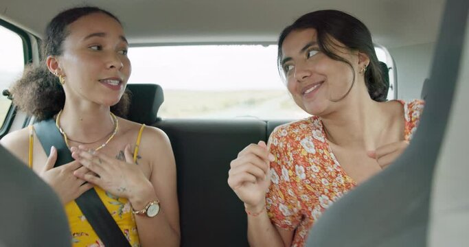 Woman, friends and singing on road trip, car and dancing with smile, sound and radio on holiday. Girl, dancer and happy with singalong, karaoke and carpool with driving, noise and listening to music