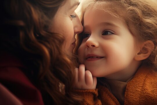 A woman and a little girl are sharing a heartfelt moment as they look into each other's eyes. This image captures the bond between generations and the love shared within a family.