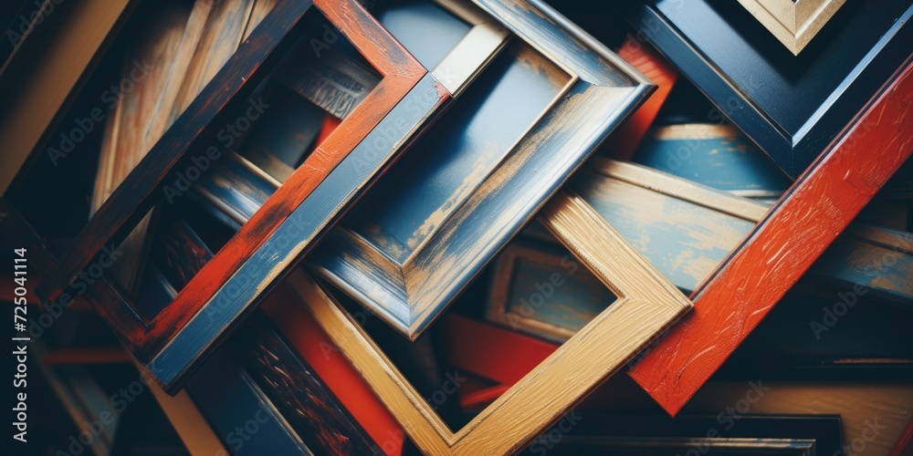 Poster A pile of picture frames stacked on top of each other. Perfect for adding a touch of elegance to any home or office decor