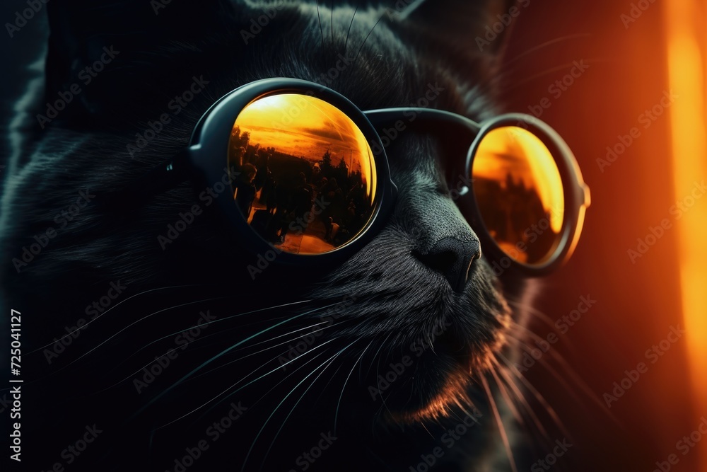 Poster a black cat wearing sunglasses with the reflection of a city. perfect for adding a touch of coolness