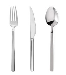 Silver fork, knife and spoon isolated on white, top view