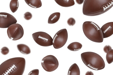 Many American football balls falling on white background