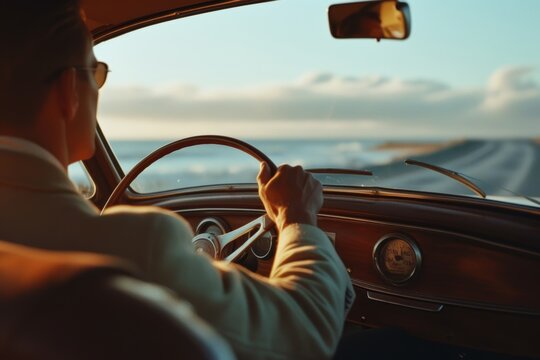 A solitary figure navigates the open road, his hands firmly grasping the steering wheel as the sky stretches endlessly above, the sleek car gliding effortlessly forward while the world blurs past the