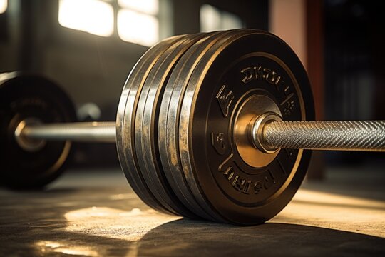 A close up view of a barbell lying on the floor. This image can be used to depict fitness, weightlifting, exercise, strength training, or gym equipment