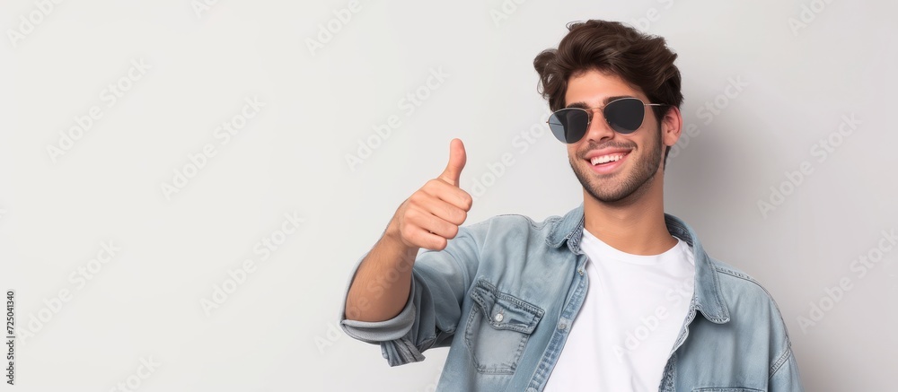 Canvas Prints Smiling young man in sunglasses pointing with thumb up beside white wall.