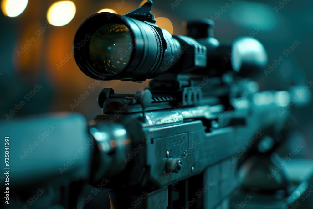 Poster A close-up view of a rifle with a light attachment. This image can be used to depict military, law enforcement, or hunting themes