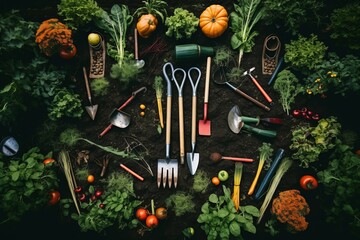 Circle of Gardening Tools Surrounded by Vegetables