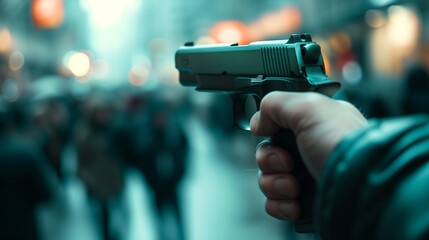 A person in the city, a gun in their hand in close-up, many people on a blurred background