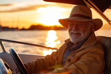 A man's fashion-forward fedora adds a touch of charm as he sails under the bright sky, his smiling face and stylish hat the perfect accessories for a day on the water