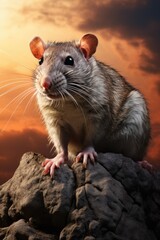 A rat sitting on top of a rock. Can be used to depict rodents, wildlife, or nature themes