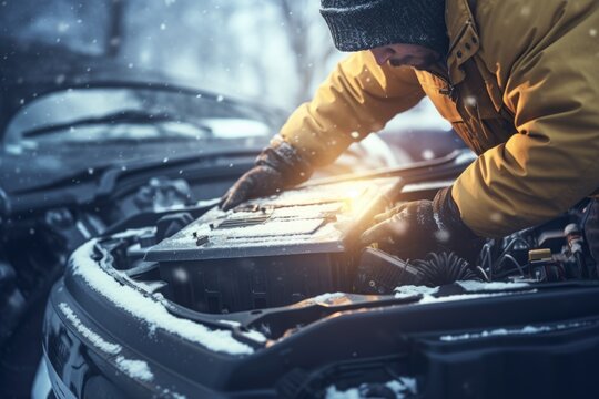 A man is seen working on a car in snowy conditions. This image can be used to depict winter car maintenance or the challenges of vehicle repair in cold weather