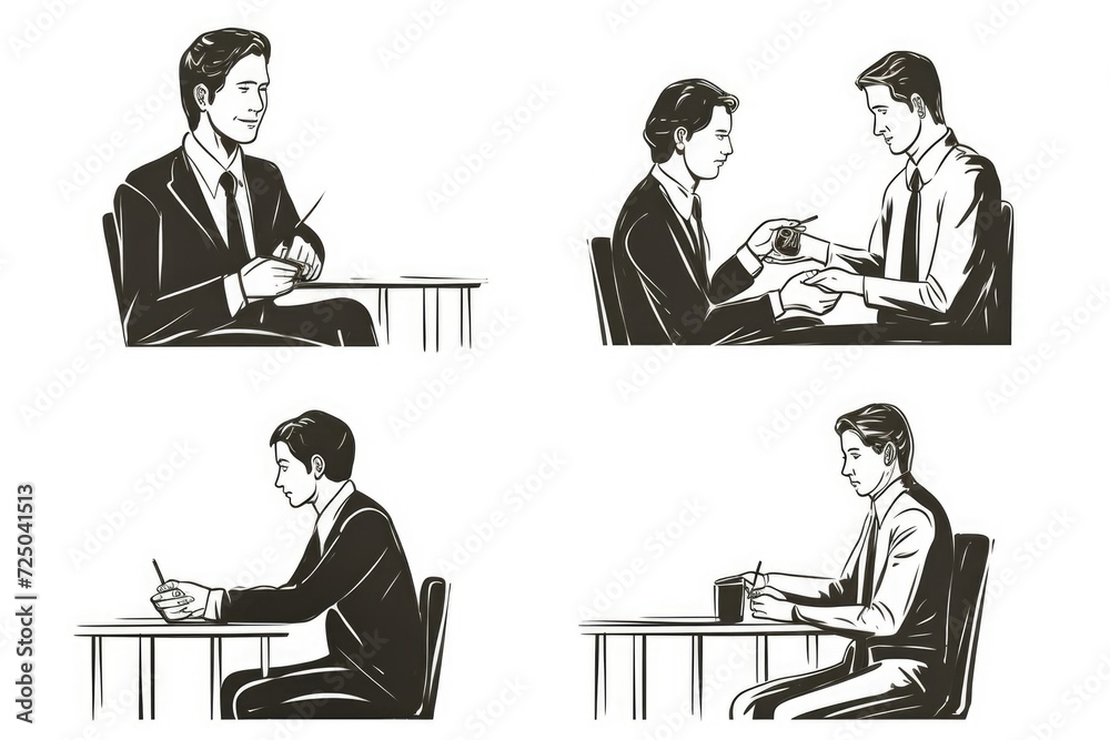Poster a man in a suit sitting at a desk and writing. suitable for business and office-related concepts