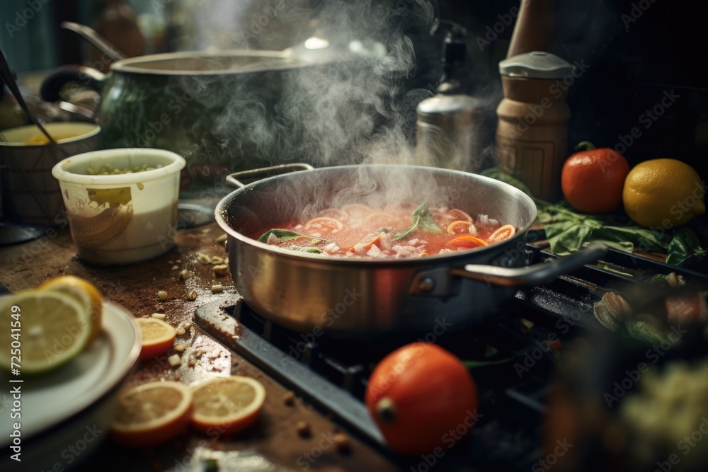 Poster A pot of food cooking on a stove. This image can be used to represent cooking, home cooking, or preparing a meal