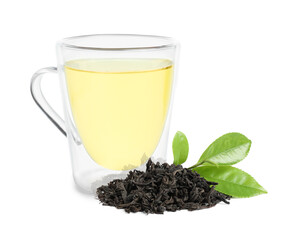 Green tea in glass cup, fresh and dried leaves isolated on white