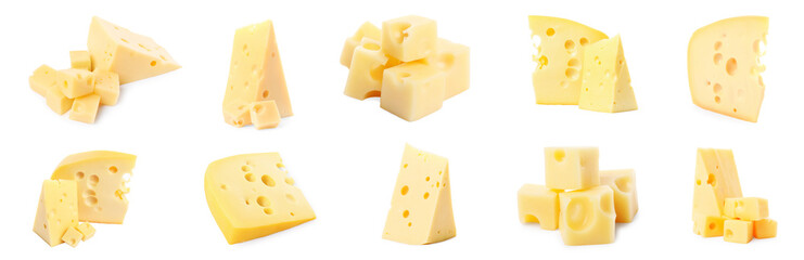 Fresh cheese isolated on white, set of pieces