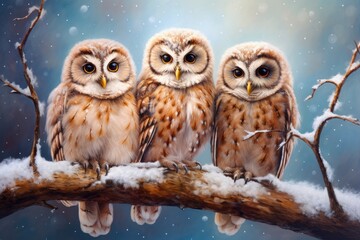 owls were standing on a log tree in winter