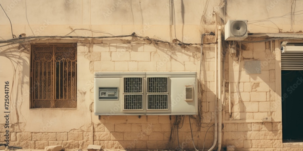 Poster an air conditioner sitting on the side of a building. can be used to illustrate cooling systems or e