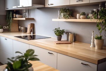 A kitchen featuring wooden countertops and white cabinets. Ideal for showcasing a modern and clean aesthetic.
