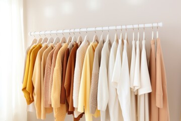 A row of clothes hanging on a rack. Can be used for fashion, retail, or laundry themes