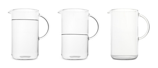 Glass jug isolated on white, collage with empty, semi filled and full