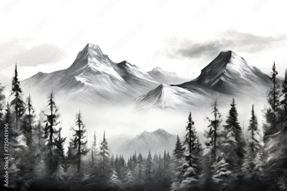 Poster a black and white painting showcasing a majestic mountain range. perfect for adding a touch of elega