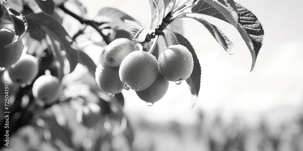 Poster A cluster of ripe and colorful fruit hanging from a tree. Perfect for adding a touch of nature to your designs