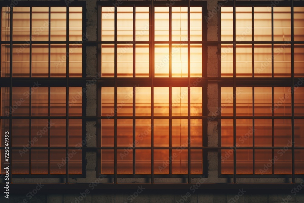 Poster sun setting through a window of a building. suitable for architectural, interior design, and real es