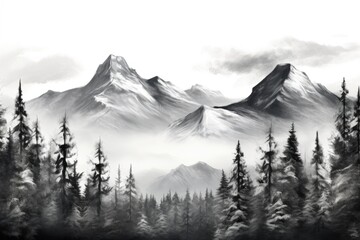 A black and white painting showcasing a majestic mountain range. Perfect for adding a touch of elegance to any space