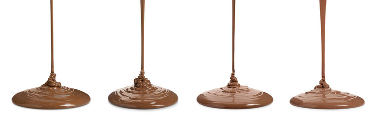 Pouring tasty melted chocolate on white background, set