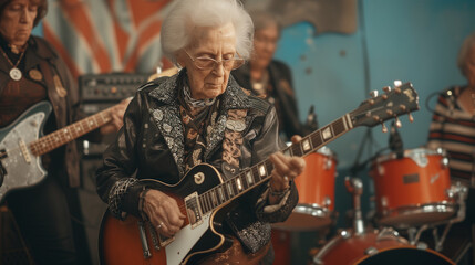 A playing rock band consisting of elderly women
