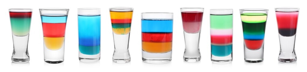 Different shooters in shot glasses isolated on white, set