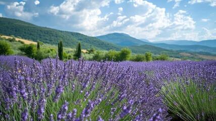 Panoramic view of blooming lavender fields and rolling hills.