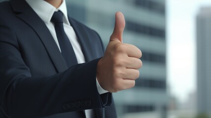 A man in a suit giving a thumbs up gesture. This image can be used to convey approval or success