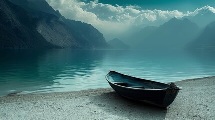 A solitary boat rests on a serene beach, its reflection mirrored in the calm waters as misty fog blankets the distant mountains and the vast open sky above
