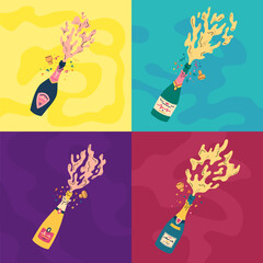 Vector opened champagne bottles with splashes of different form and color. Rose and white sparkling wine bursting out of the bottle with cork, stars and confetti for celebration. Holiday illustration