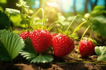 Three juicy strawberries growing on the ground. Perfect for food and agriculture-related designs