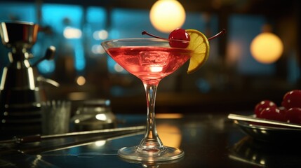A martini glass with a cherry garnish on the rim. Perfect for cocktail menus and drink recipes