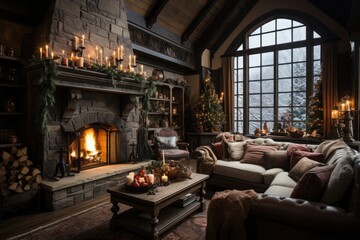 Fototapeta na wymiar A warm and inviting living room adorned with festive holiday decorations and a crackling fireplace